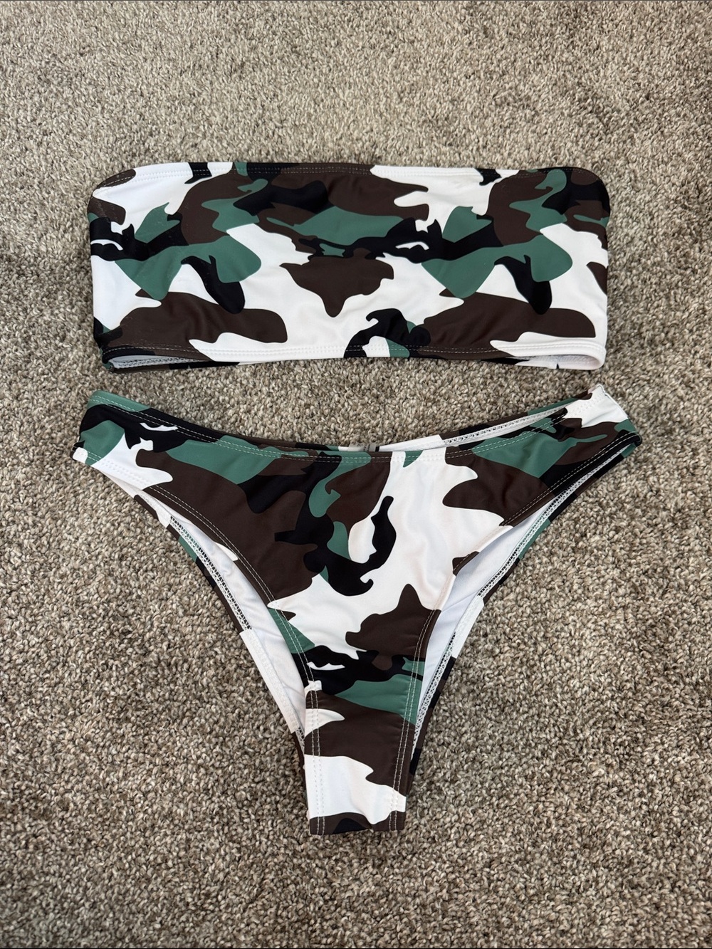 SHEIN Green, Brown & White Camo Bandeau Bikini Set